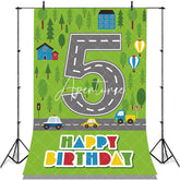 Aperturee - Green Forest Road 5th Birthday Backdrop For Boys